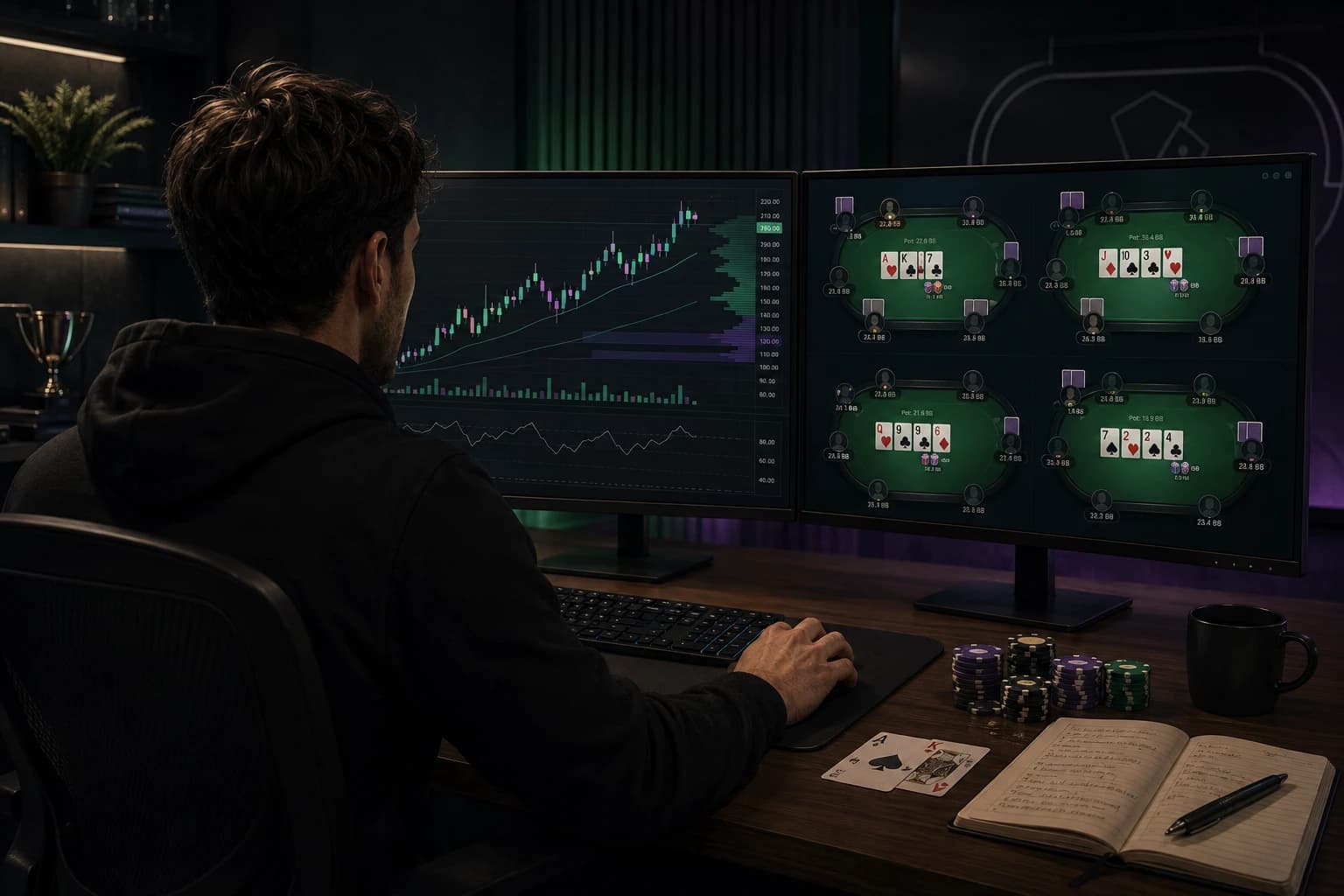 A poker player at a desk with a Solana trading chart and live poker tables