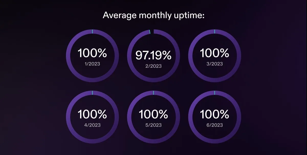 Solana's average monthly uptime: January 2023, 100%; February 2023, 97.19%; March 2023, 100%; April 2023, 100%; May 2023, 100%, June 2023, 100%.