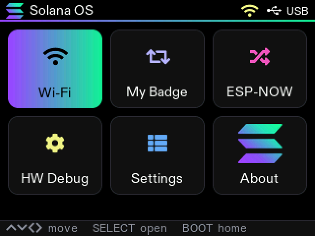 Solana OS launcher with six app tiles