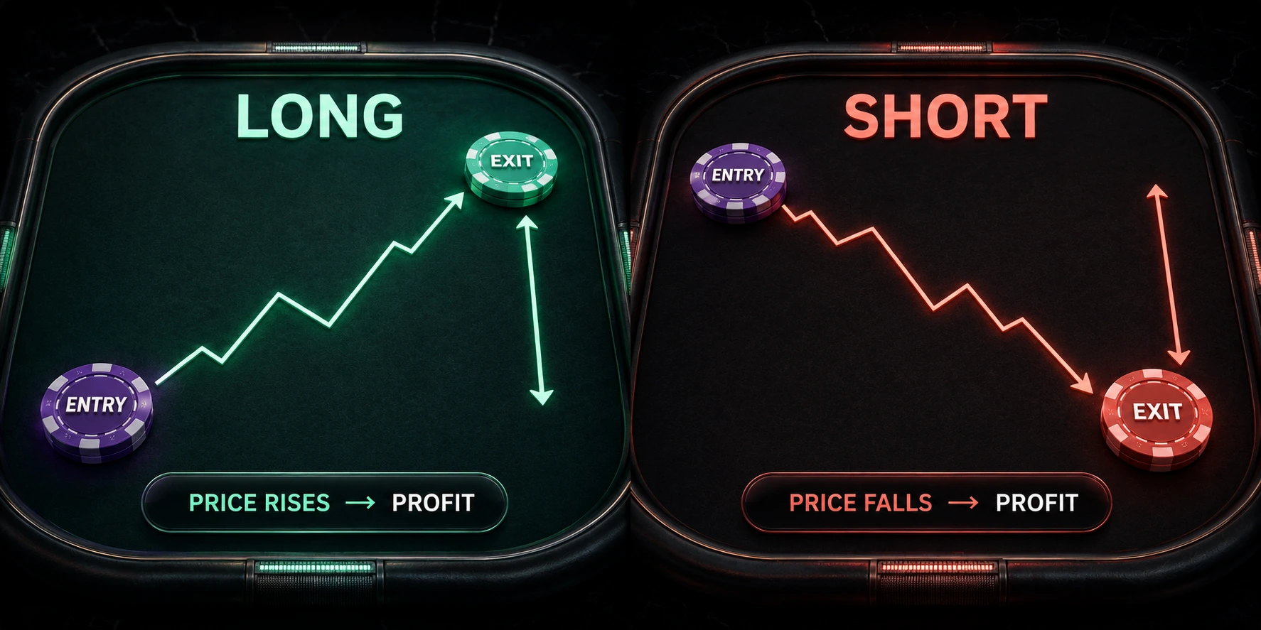 A long position profits when price rises and a short position profits when price falls