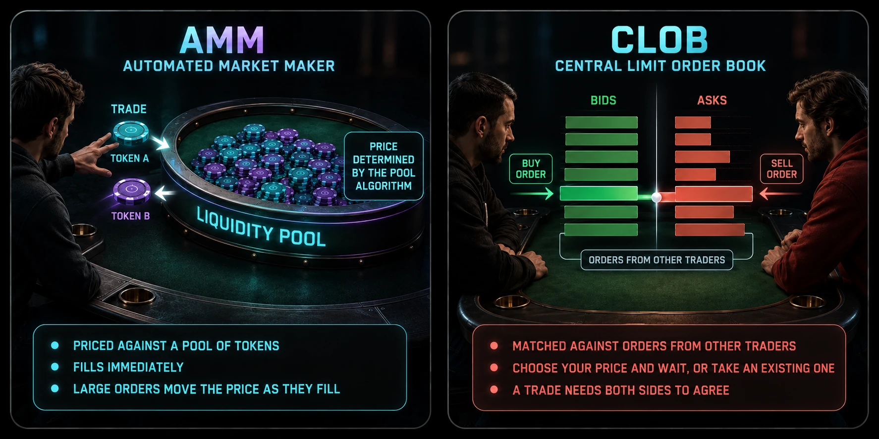 An automated market maker prices a trade against a pool of tokens while a central limit order book matches orders from other traders