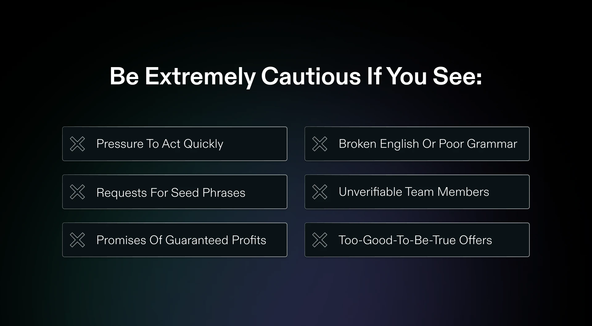 Liste de contrôle des signes d'avertissement montrant six signaux d'alarme majeurs : pression pour agir, demandes de phrase seed, profits garantis, grammaire médiocre, équipes non vérifiables, offres trop belles