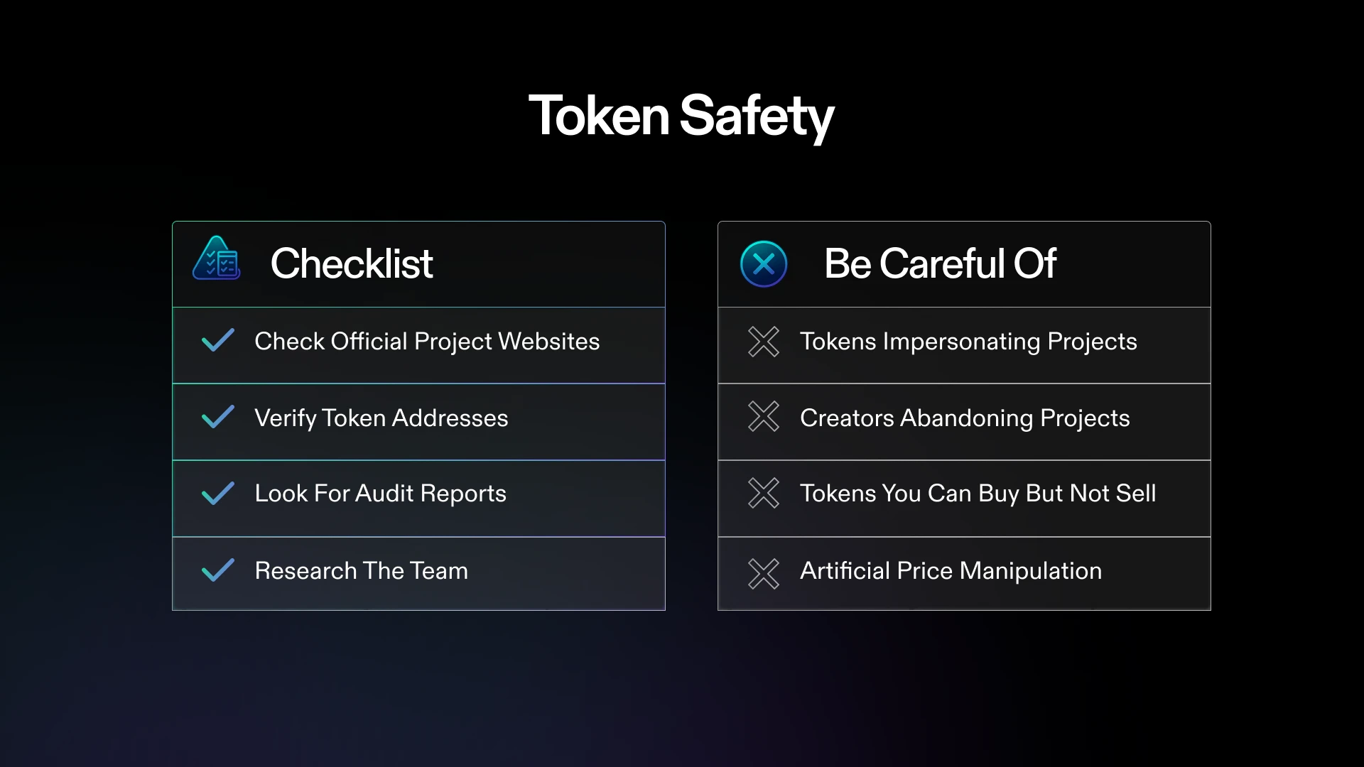 Lista de verificación de seguridad de tokens que muestra qué verificar y de qué tener cuidado al manejar tokens