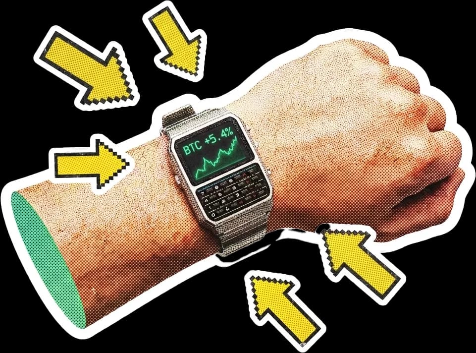 A wristwatch collage with hand-drawn arrows